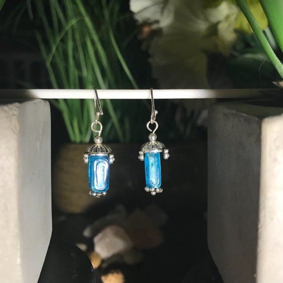 -Aqua Blue and Silver Reflective Dangling Earrings - Picture 3 of 6